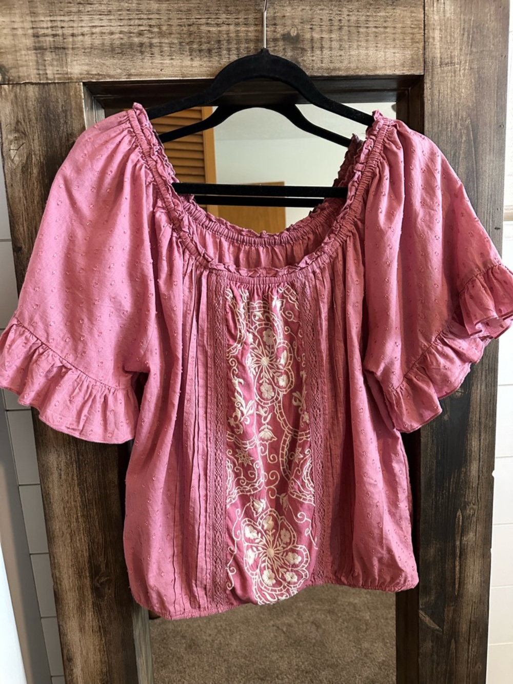 Boho Pink Embroidered Peasant Blouse large off shoulder elastic hem top